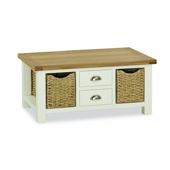 Longview Cream Solid Oak Large Coffee Table Drawers Baskets