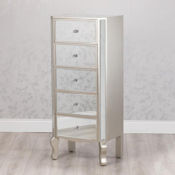 Bowen Mirrored Glass 5 Drawer Tallboy Chest