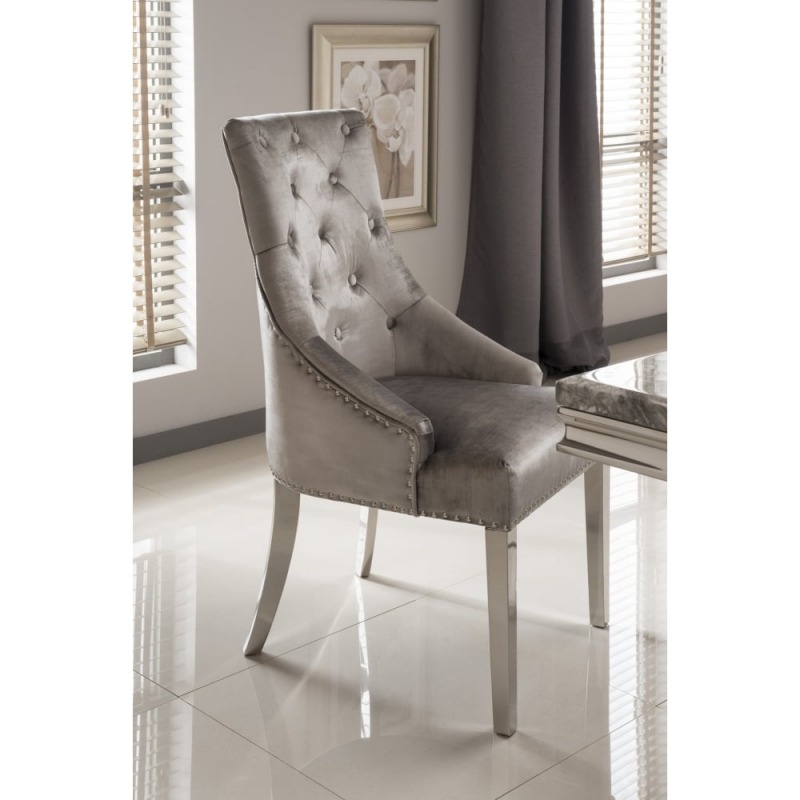 Bay Velvet Dining Chair With Polished, Brushed Chrome Grey Dining Chairs