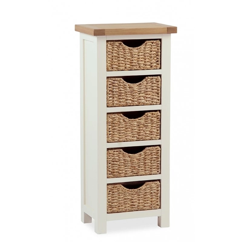 Longview 5 Drawer Cream Oak Tallboy With Baskets