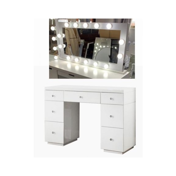 Hollywood White 7 Drawer Dressing Table, Vanity Dressing Table With Hollywood Mirror