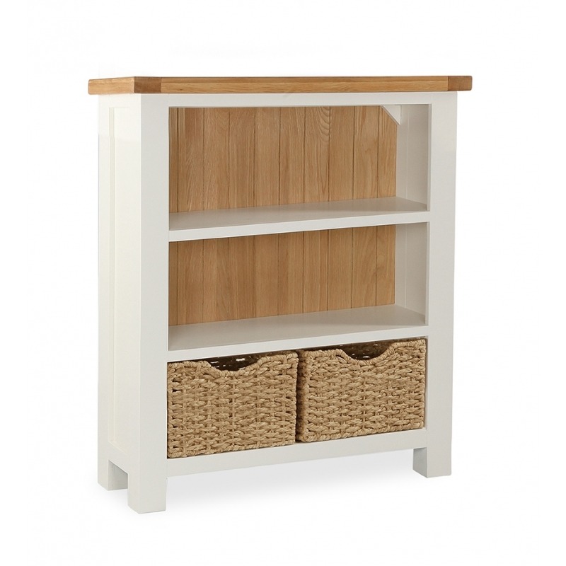 Longview Cream Oak Low Bookcase With Hyacinth Baskets