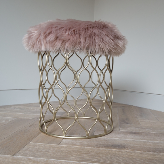 Faux Sheepskin Stool With Metal Gold Trellis Base