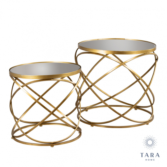 Spirals Set of 2 Side Tables with Mirrored Tops - Gold