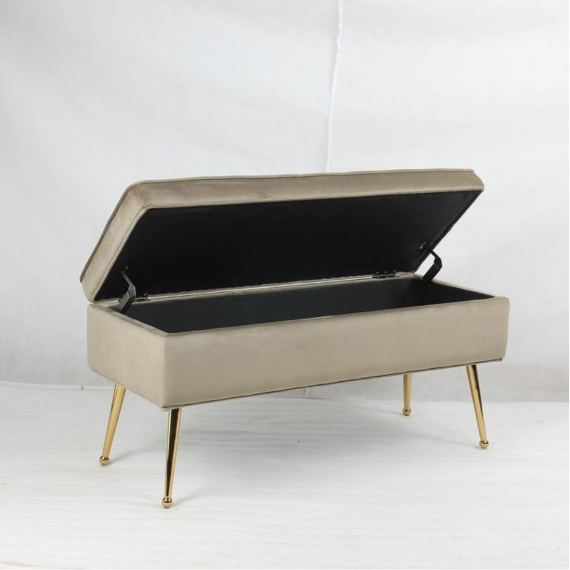 Taupe Velvet Storage Bench with Metal Gold Leg
