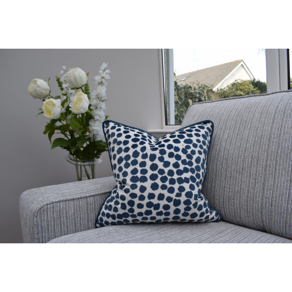 Feather Filled Velvet Cushion - Navy Polka Dot