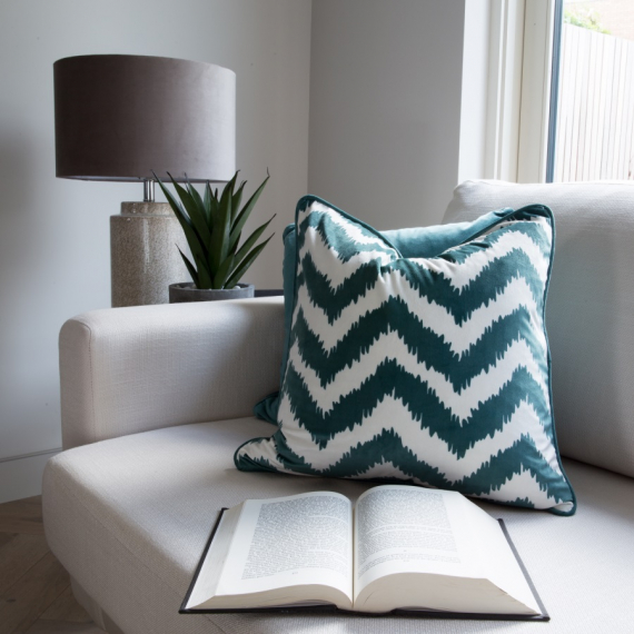 Feather Filled Velvet Cushion - Chevron Green/White