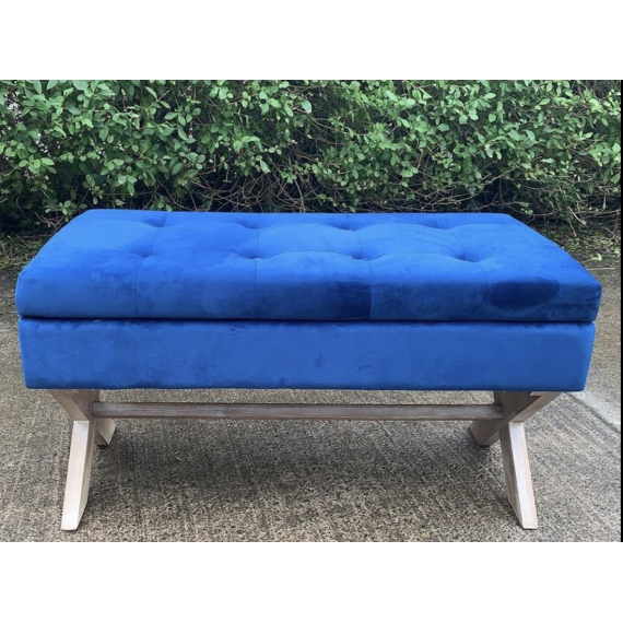 Royal Blue Velvet Storage Bench with X Leg